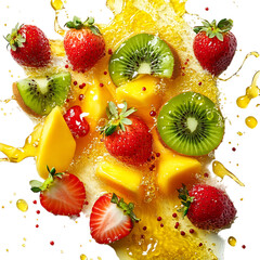 Kiwi Mango and Strawberries Scattering Isolated on Transparent Background