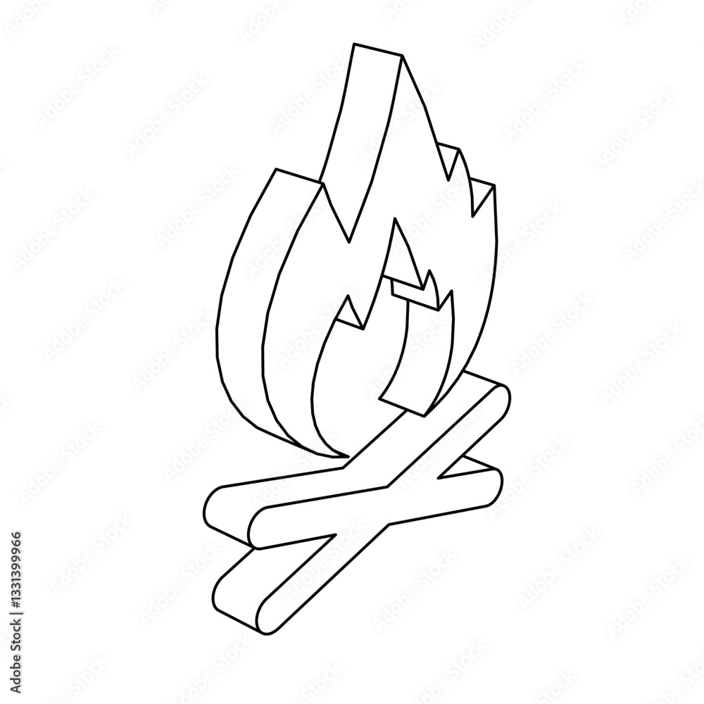 Poster the outline of a large bonfire symbol is made with black lines. 3d view of the object in perspective