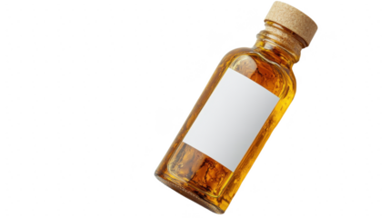 Amber Elixir: A Glass Bottle of Liquid Gold with Blank Label, Perfect for Mockups, Natural Remedies, and Aromatherapy. Aromatic Still Life, Isolated.