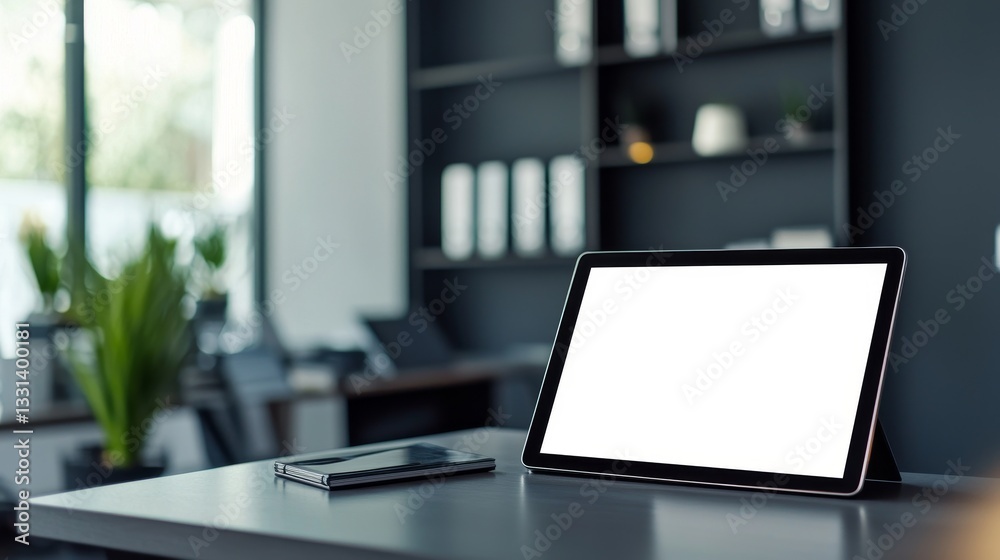 Poster management efficiency and goal-setting concept. modern workspace featuring a tablet and notebook on 