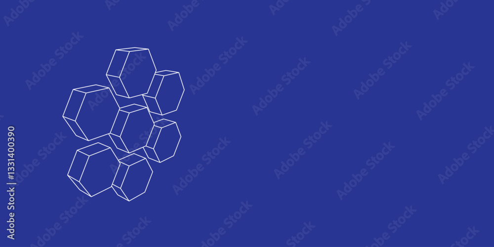 Poster the outline of a large hive symbol made of white lines on the left. 3d view of the object in perspec