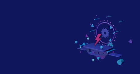 Naklejka premium Pink lightning symbol on a pedestal of abstract geometric shapes floating in the air. Abstract concept art with flying shapes on the right. 3d illustration on indigo background
