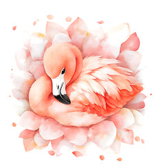 Flamingo resting among soft pink petals in a serene and colorful setting