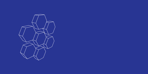 The outline of a large hive symbol made of white lines on the left. 3D view of the object in perspective. Vector illustration on indigo background