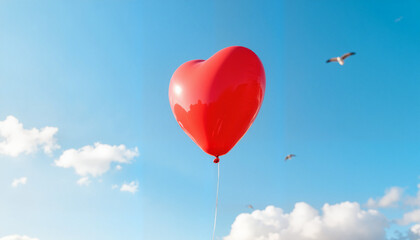 Fototapeta premium Glossy red heart-shaped balloon floating against blue sky, love symbol