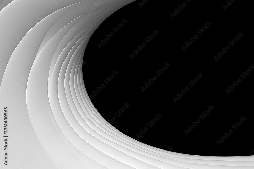 Poster abstract design featuring curved white structures against a solid black background creating dynamic 
