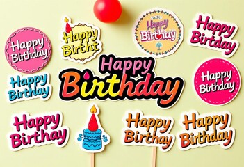 Colorful happy birthday stickers & signs, various designs on bright background, confetti, cheerful