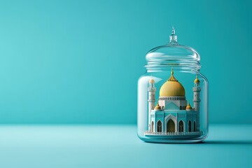 Fototapeta premium A miniature mosque model placed within a glass jar container