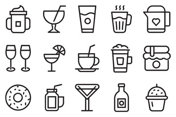 Drink and eat icon set editable stroke outline isolated flat vector illustration on white background.