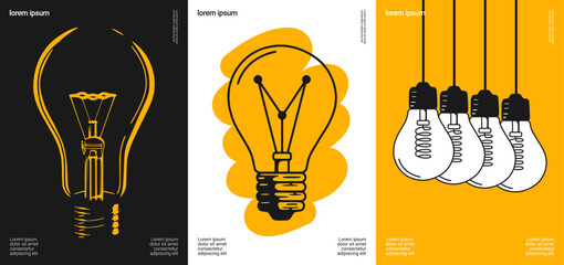 Light bulb poster series with minimal line art, bold shapes, and a modern design.