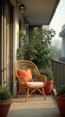 Fototapeta premium relaxing wicker chair on a sunlit balcony