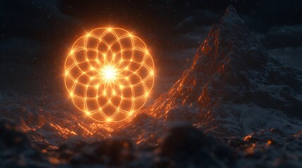 Glowing Orb on Snowy Mountain at Night