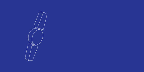 The outline of a large wristwatch symbol made of white lines on the left. 3D view of the object in perspective. Vector illustration on indigo background