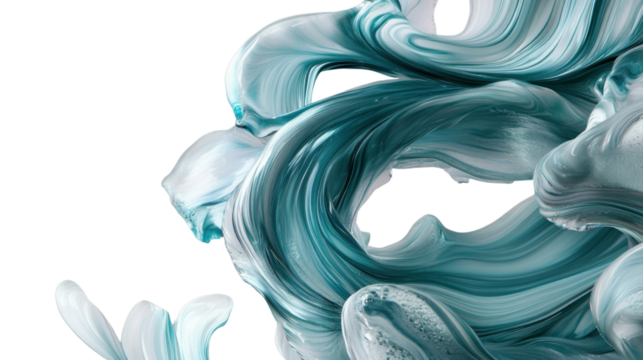 Turquoise and white paint swirls creating abstract shapes on transparent background