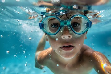 Naklejka premium Child Swimming Underwater Portrait with Goggles in Blue Pool Water