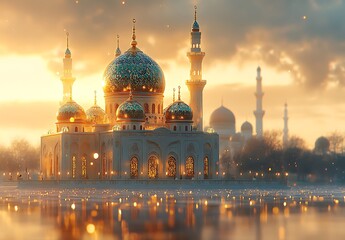 Naklejka premium Majestic Mosque with Golden Domes Reflecting in Tranquil Waters at Sunset