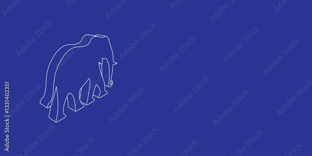Poster the outline of a large elephant made of white lines on the left. 3d view of the object in perspectiv