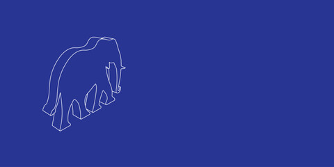 The outline of a large elephant made of white lines on the left. 3D view of the object in perspective. Vector illustration on indigo background