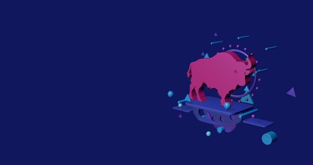 Naklejka premium Pink buffalo symbol on a pedestal of abstract geometric shapes floating in the air. Abstract concept art with flying shapes on the right. 3d illustration on indigo background