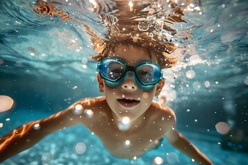 Fototapeta premium Boy Swimming Underwater in Blue Goggles: Fun Summer Activity