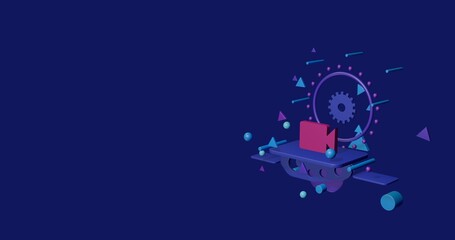Pink video camera symbol on a pedestal of abstract geometric shapes floating in the air. Abstract concept art with flying shapes on the right. 3d illustration on indigo background