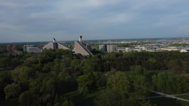 Aerial pan of Olympic Village apartment buildings near Parc Maisonneuve