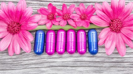 Fototapeta premium Pink Gerbera Daisies and Blue Purple Capsules on Wooden Background