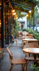 Fototapeta premium cozy outdoor patio seating area with wicker chairs and wooden tables at dusk