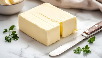 cut block of fresh butter, knife, white tile table, close-up, space for text