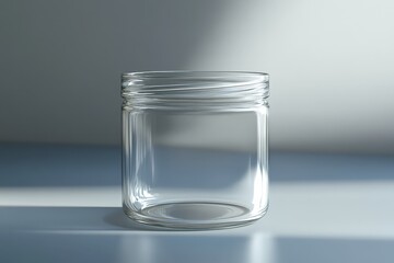 A clear glass jar sitting on a reflective surface is seen