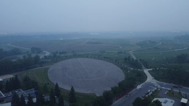Aerial of Montreal Frederic-Back Parc covered in fog
