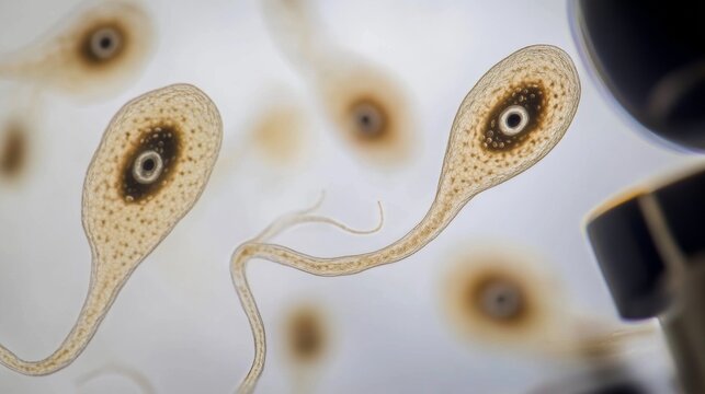 Close-up illustrated lab microscope slide unveils parasitic organisms under high magnification, highlighting intricate biological research and the perils inherent in nature's scientific quest.