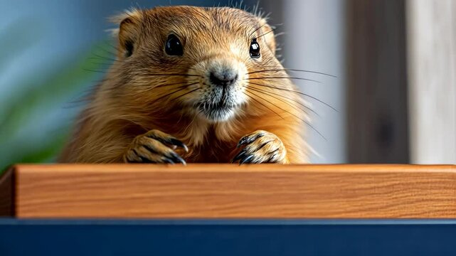 Small brown squirrel is standing on a wooden box. The squirrel has a curious look on its face and is looking up at the camera