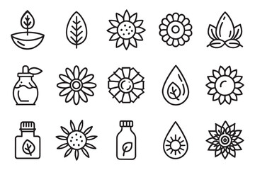 Sunflower seeds and oil icon set editable stroke outline isolated flat vector illustration on white background.