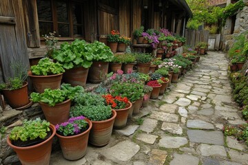 Charming Cobblestone Path Adorned with Vibrant Potted Plants in a Traditional European Village.