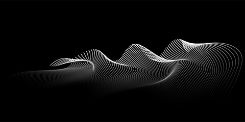 Abstract waves vector wavy lines flowing smooth curve white grey light gradient isolated on black background in concept of technology, science, music, modern.