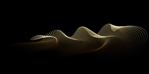 Abstract waves vector wavy lines flowing smooth curve gold light gradient isolated on black background in concept of technology, luxury, science, music, modern.