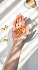 Obraz premium hand gently holds several translucent amber softgel capsules against a bright white background