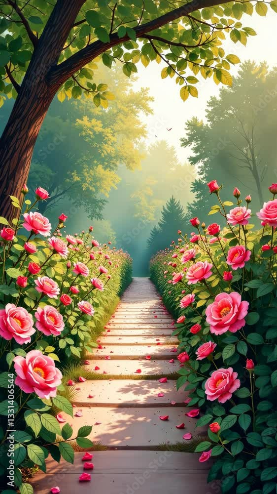 Poster a path with pink flowers and a tree. the path is made of stone