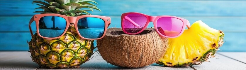 A vibrant scene featuring three cheerful pineapples, each sporting stylish sunglasses, sitting playfully on a wooden table beside a refreshing coconut drink adorned with a colorful straw.