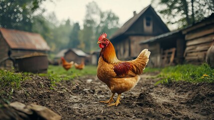 A hen stands in a farmyard.