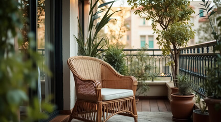 Fototapeta premium wicker chair with a creamy cushion sits on a balcony among potted plants