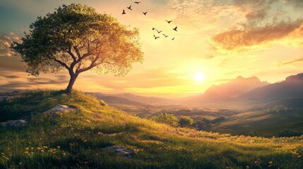Naklejka premium Peaceful sunset with a tree in a field and birds flying overhead.