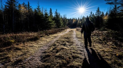 Naklejka premium Silhouette of Person Hiking on a Trail Through a Sunlit Forest