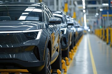 A row of sleek, modern cars in a factory setting, showcasing an organized automotive assembly line with bright lighting.