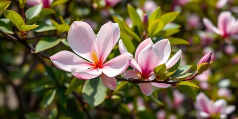 Fototapeta premium Delicate pink magnolia blossom on a spring branch, vibrant petals, lush green leaves in a garden, garden, plant