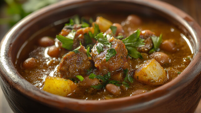 Hearty meat and bean stew, potatoes, and fresh herbs in a rustic bowl