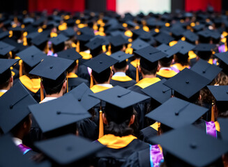 numerous graduates in academic regalia sit together during a commencement ceremony