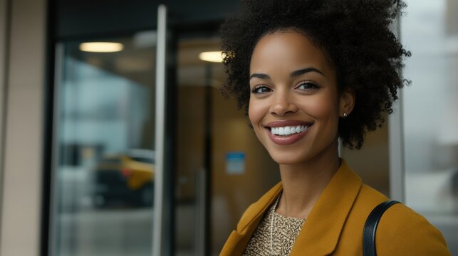 Smiling African American Woman in Mustard Yellow Jacket and Leopard Print Top