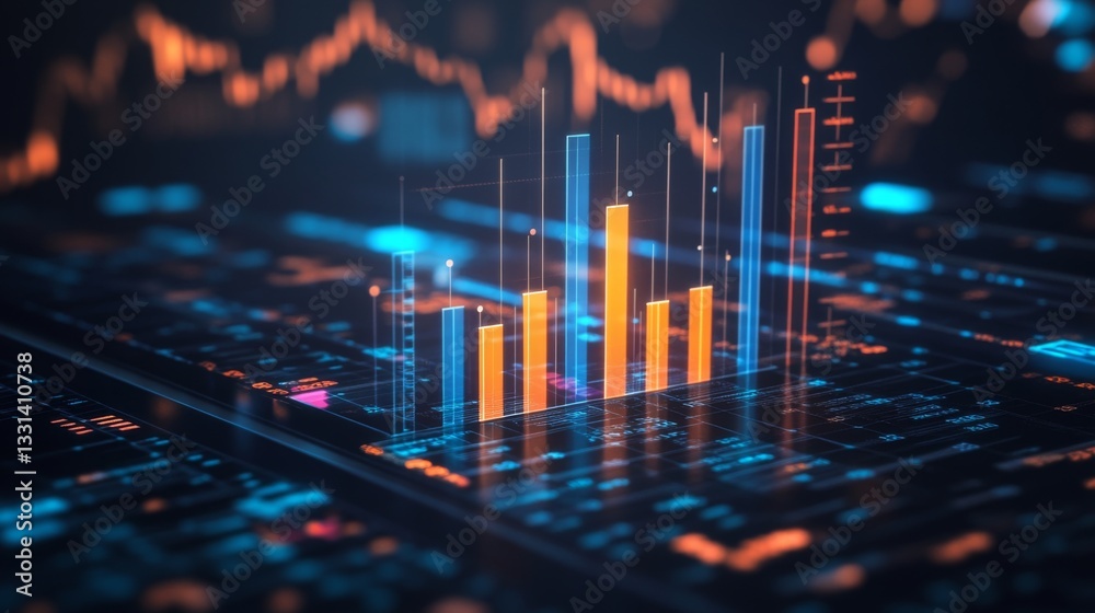 Fototapete a d bar graph with bright, metallic bars showing financial data in a minimalist setting, with a mode